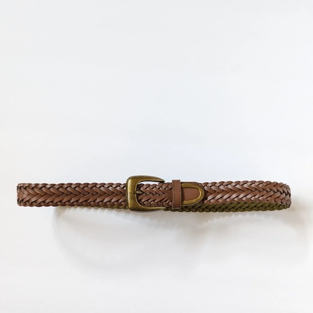 Braided Faux Leather & Suede Adjustable Unisex Belt Brown Olive Brass sz S 31 ½
